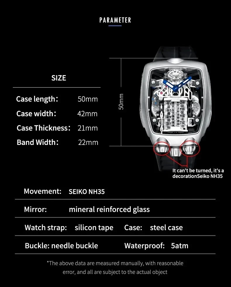 🔥USA🔥Pindu BUGATTI STYLE Engine 16 Cylinder Men’s Seiko NH05 Automatic Watch
