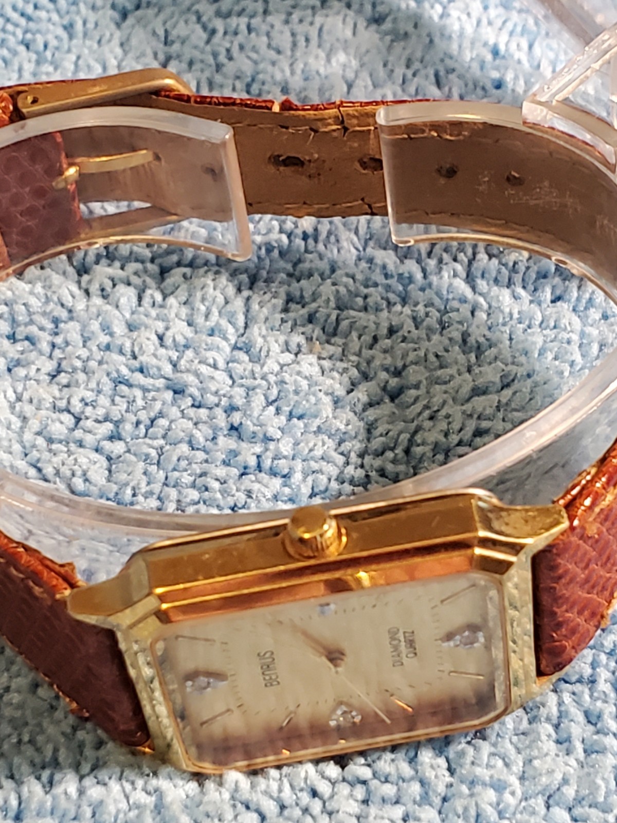 Vtg Benrus Tank Watch 26mm Gold Tone Diamonds at 12,3,6 and 9