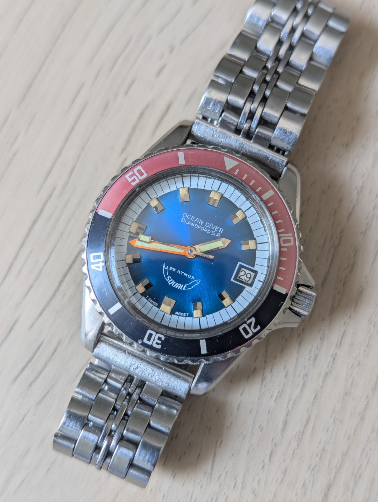 Vintage Blandford Squale Y1545 Ocean Diver 25 Atmos ETA2783 Auto Blue Dial