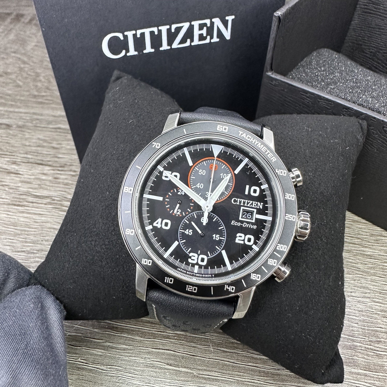NEW✅TACHYMETER✅ Citizen Eco-Drive Brycen Black Leather Men’s Watch CA0649-14E
