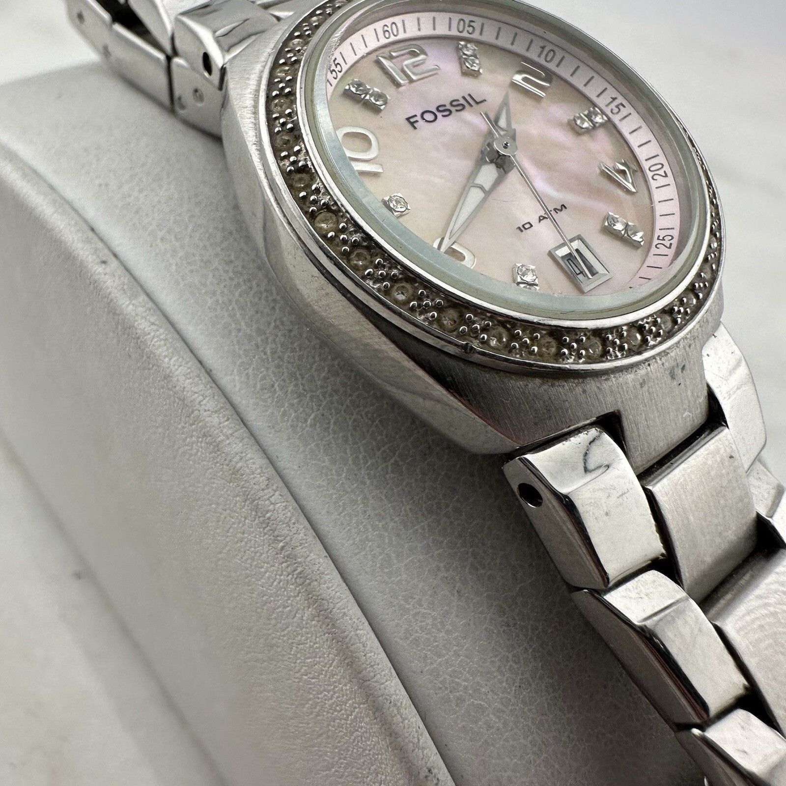 Fossil Flash Watch Women 28mm Silver Tone Date Bling MOP Dial New Battery Sz 6”