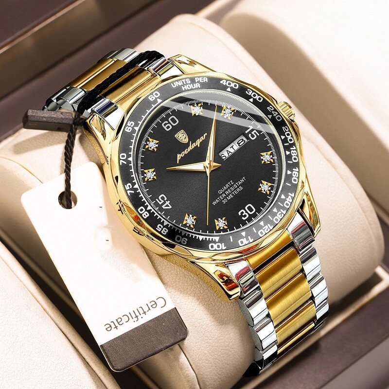 POEDAGAR Men Date Watch Quartz Wristwatch Waterproof Luminous Stainless Watches