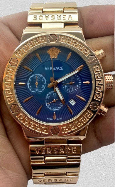 Luxury Versace Gold Tone Chronograph-Date Blue Dial Quartz Men’s Wristwatch
