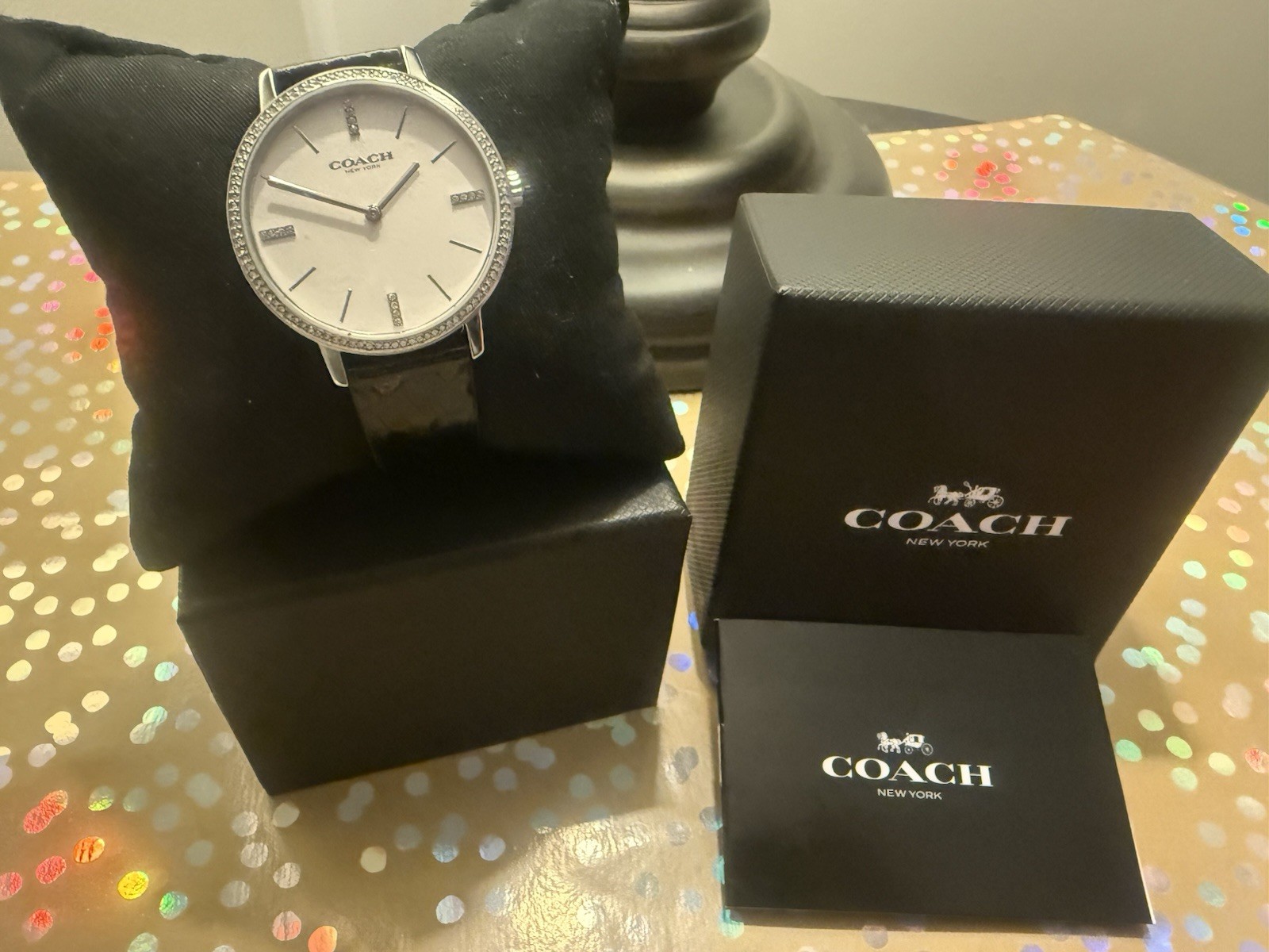 COACH Audrey Silver 36mm White Dial w/Crystals & Black Band Quartz Lady’s Watch