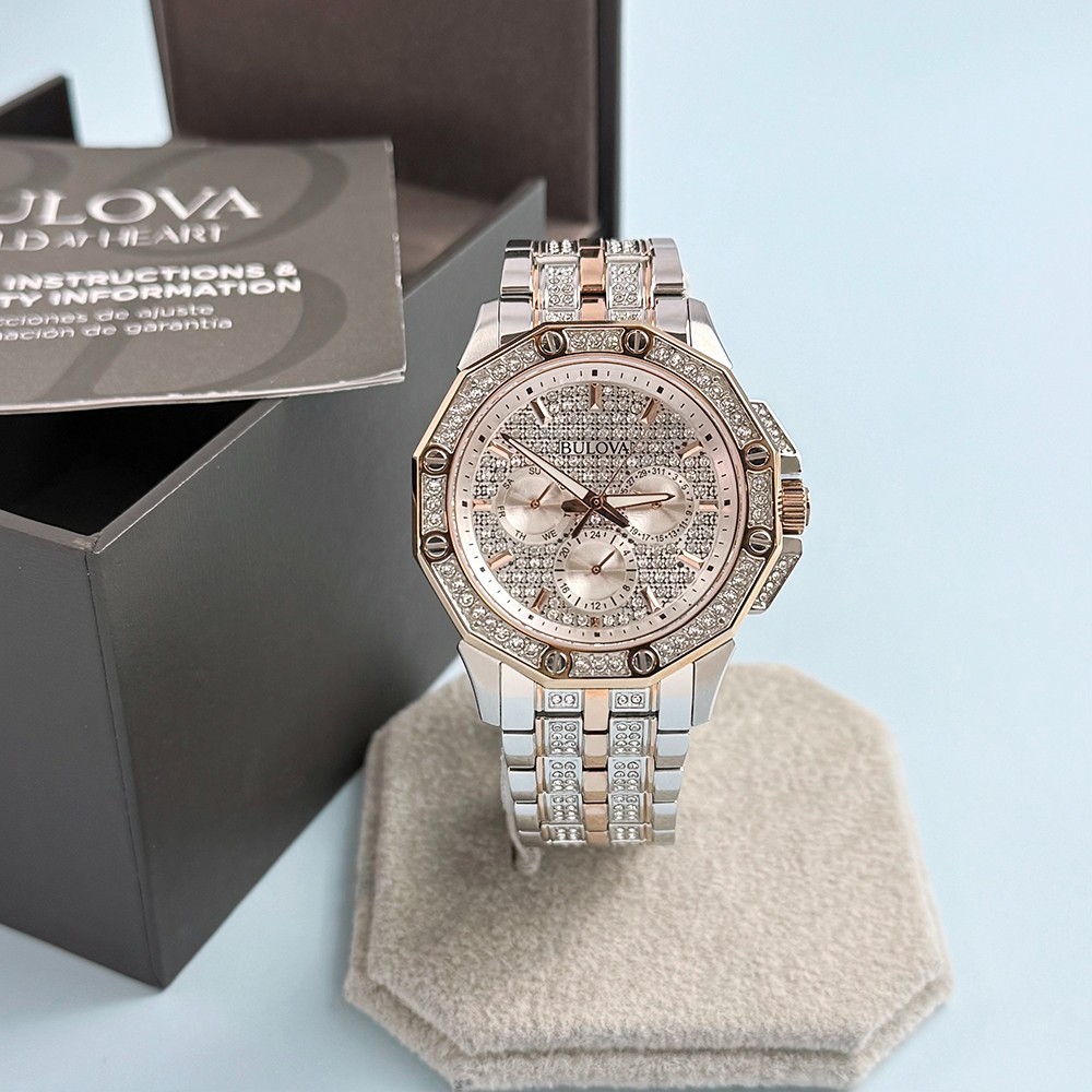 Men’s Bulova 98C133 Octava Crystal White Dial Stainless Quartz Watch 41.5mm