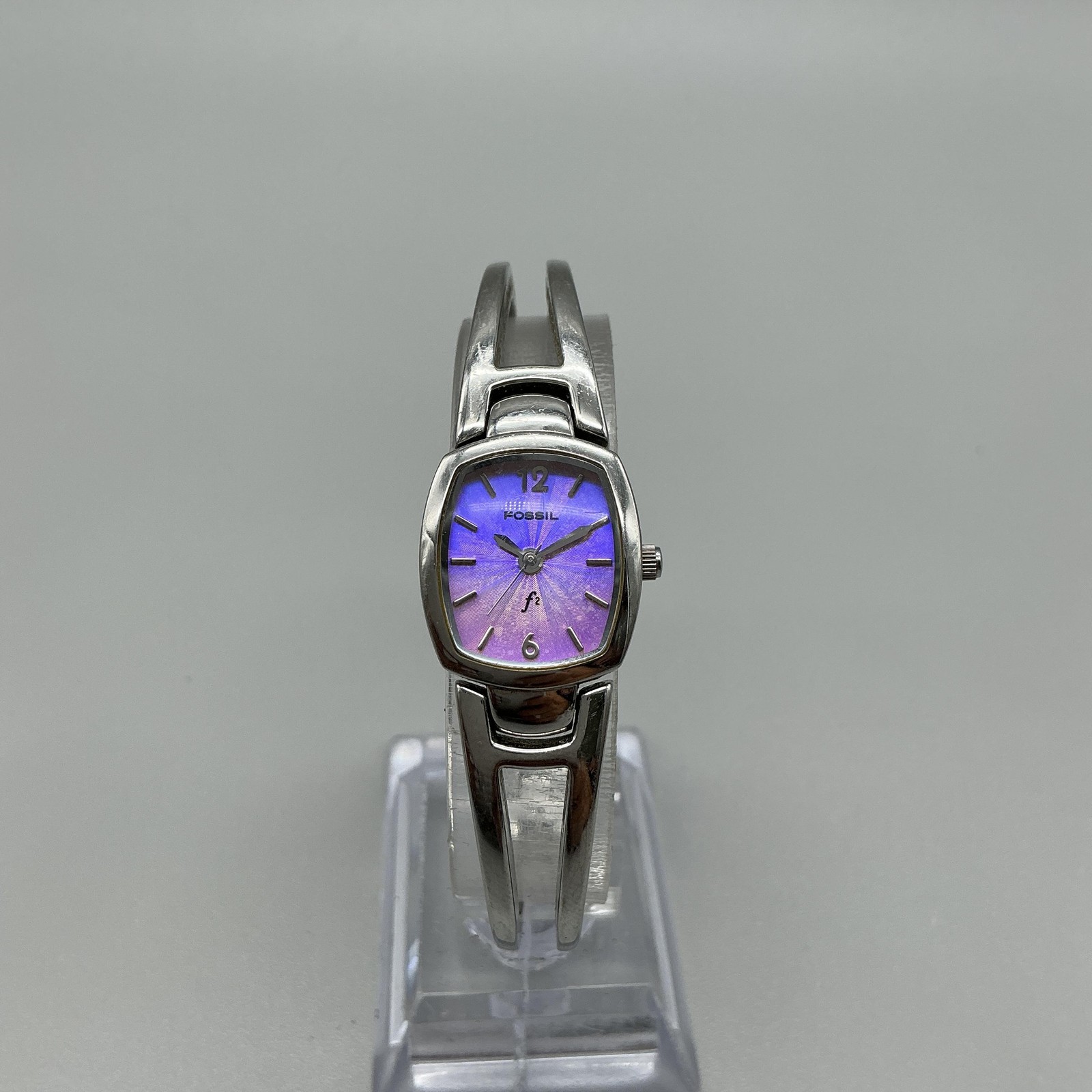 Fossil F2 Womens Watch 18mm Purple Dial Stainless Steel Bangle New Battery 6.5″