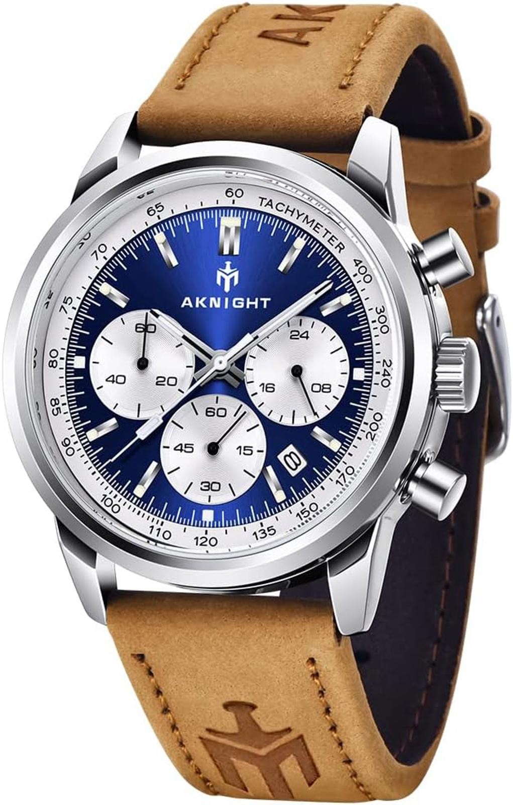 AKNIGHT by BENYAR tan leather band, blue dial, silver bezel, silver chrono dials
