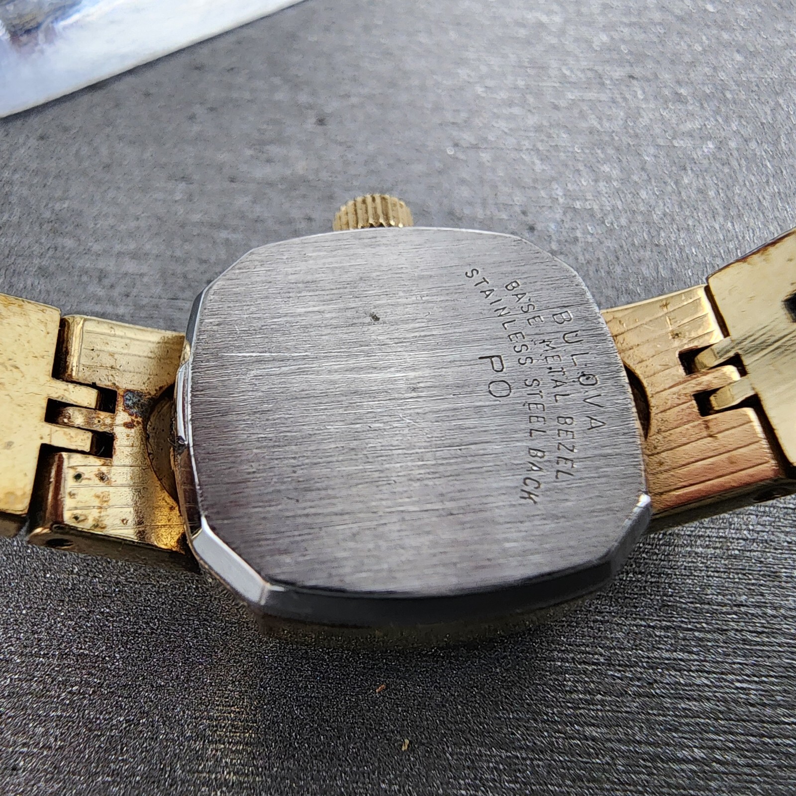 VTG Bulova Watch Women 16mm Black Dial Gold Tone Rectangle 6971 New Battery