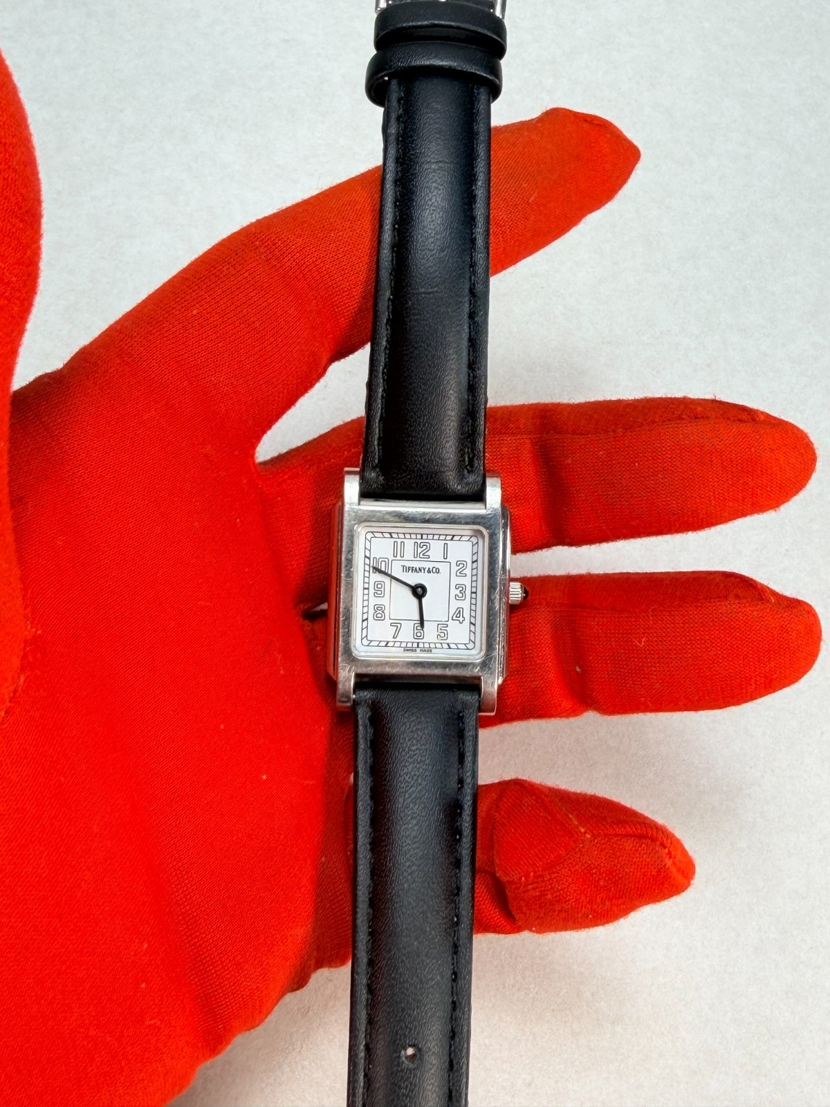 Tiffany & Co Swiss Made Tank Watch Stainless Steel Quartz Leather Strap Working