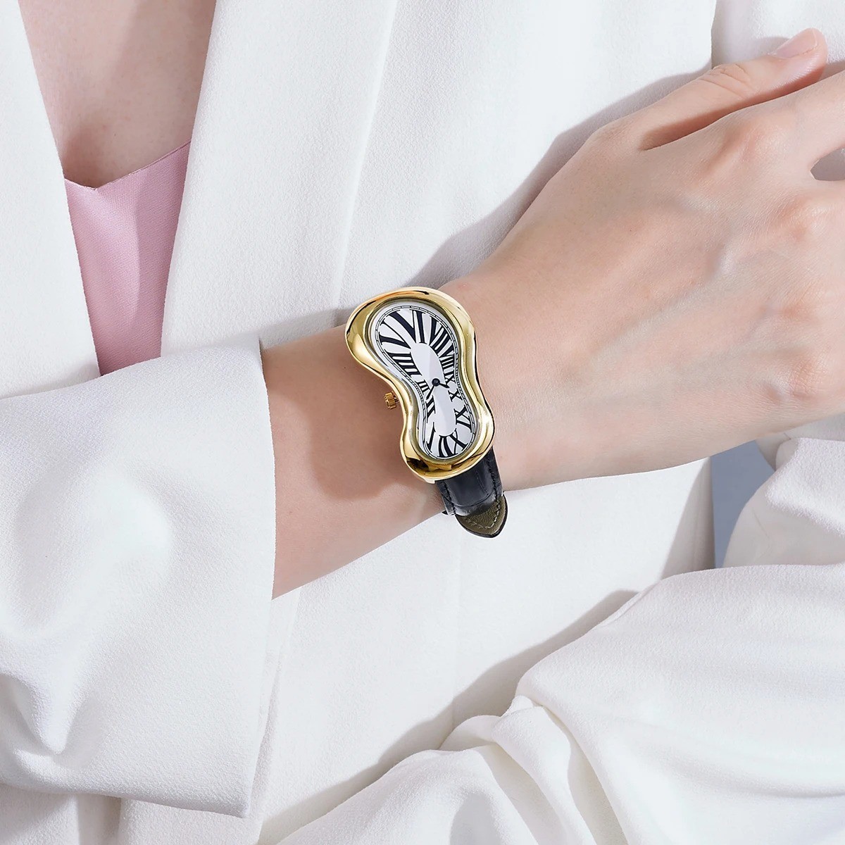 Y2K Men Women Crash Melting Twist Watch Genuine Leather Creative Wristwatch Gift