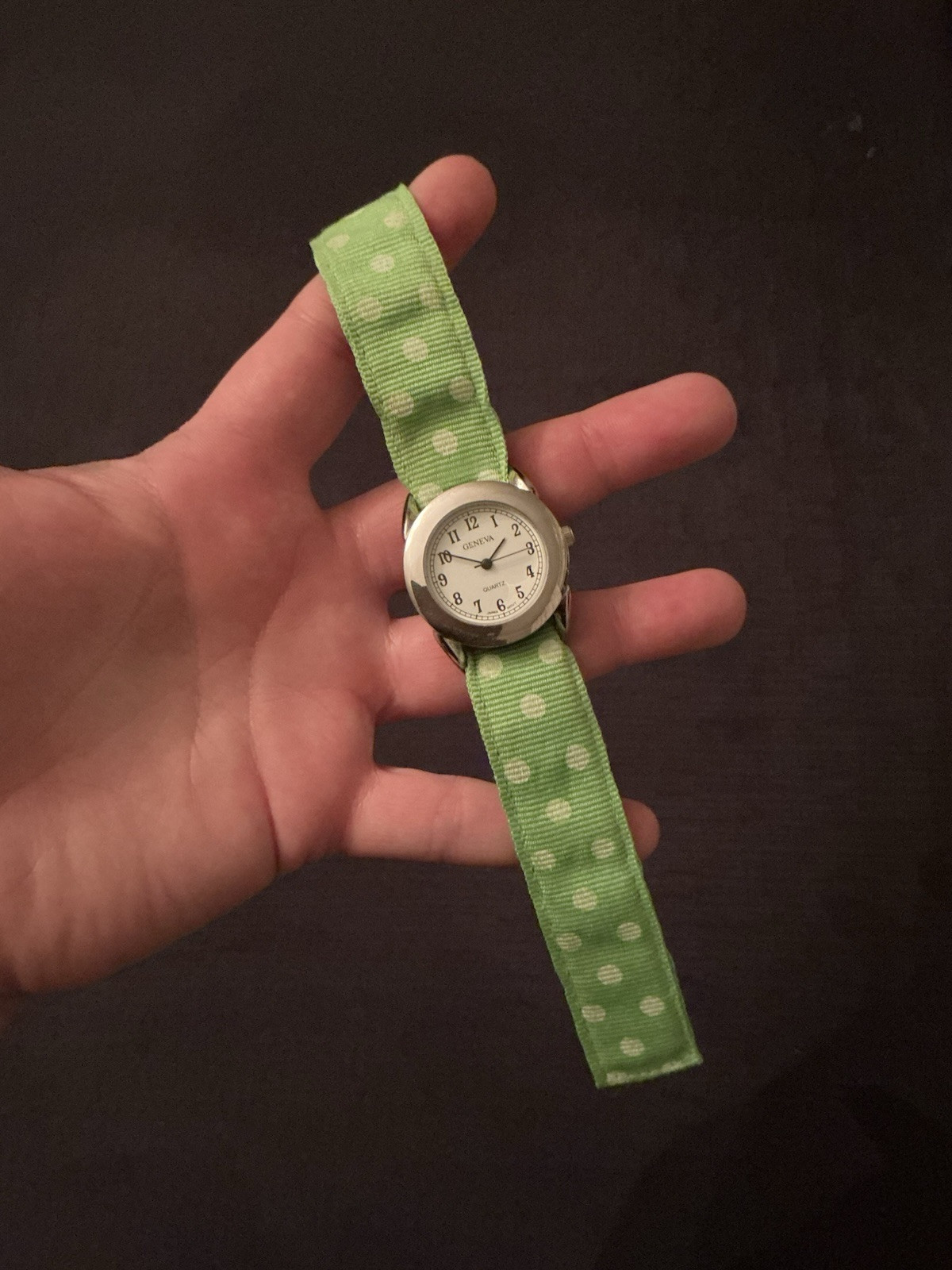 Geneva Silver Tone Vintage Watch Green And White Polka Dot Strap New Battery