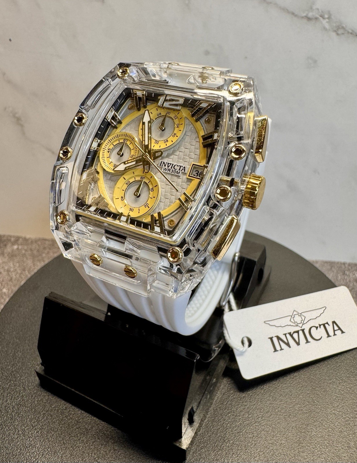 Invicta S1 Rally Allogrip 70147 42mm Clear/Gold Case White Strap Chronograph NIB