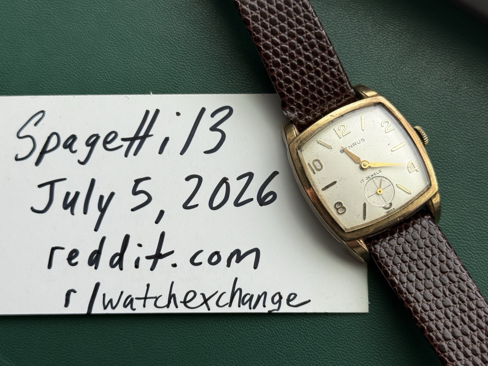 Vintage 1950s Benrus 17 Jewel Square Manual Wind Dress Watch WORKS