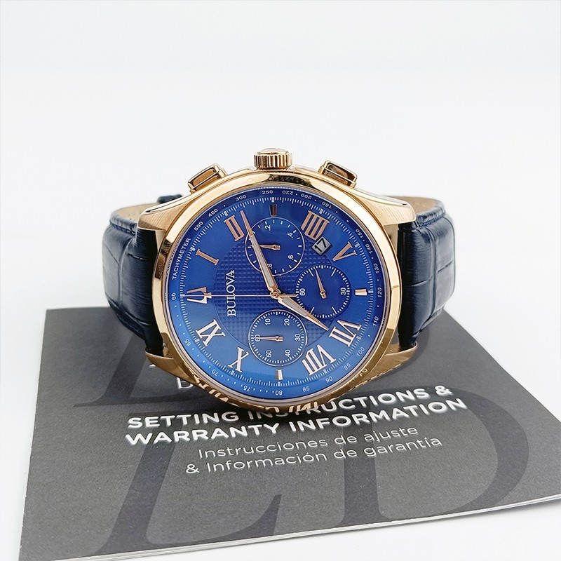 Bulova Wilton Blue Gold 97B170 Quartz & Chronograph Men’s Leather Watch 46.5mm