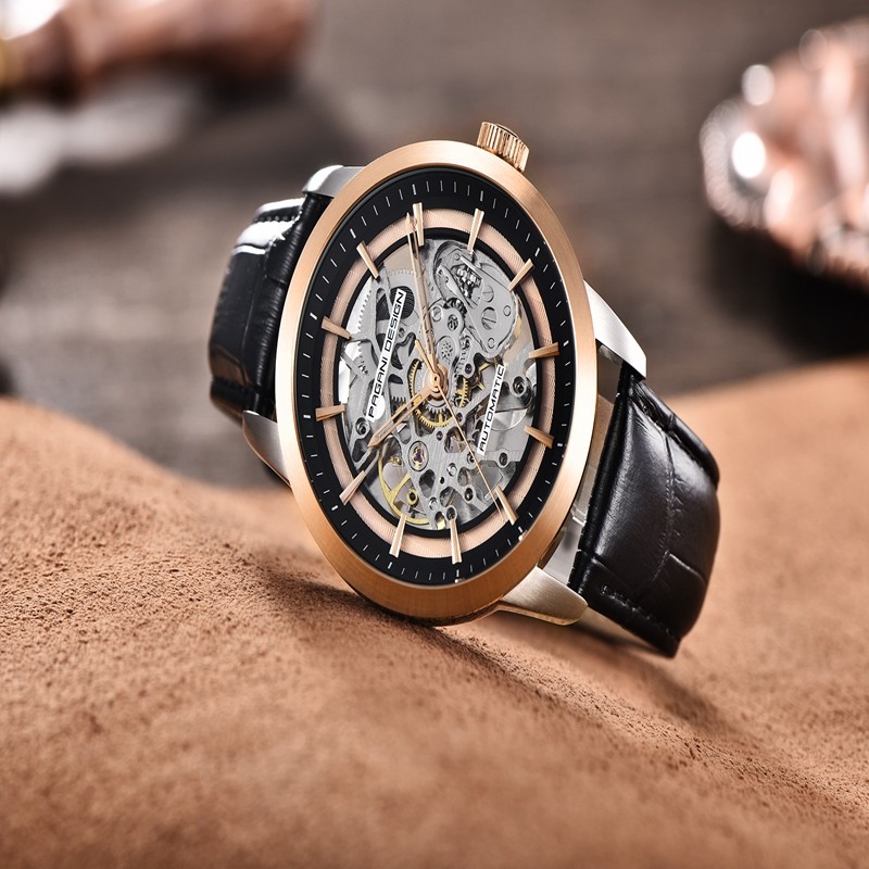 43mm PAGANI DESIGN Automatic Men’s Watch Leather Strap Skeleton Dial Wristwatch
