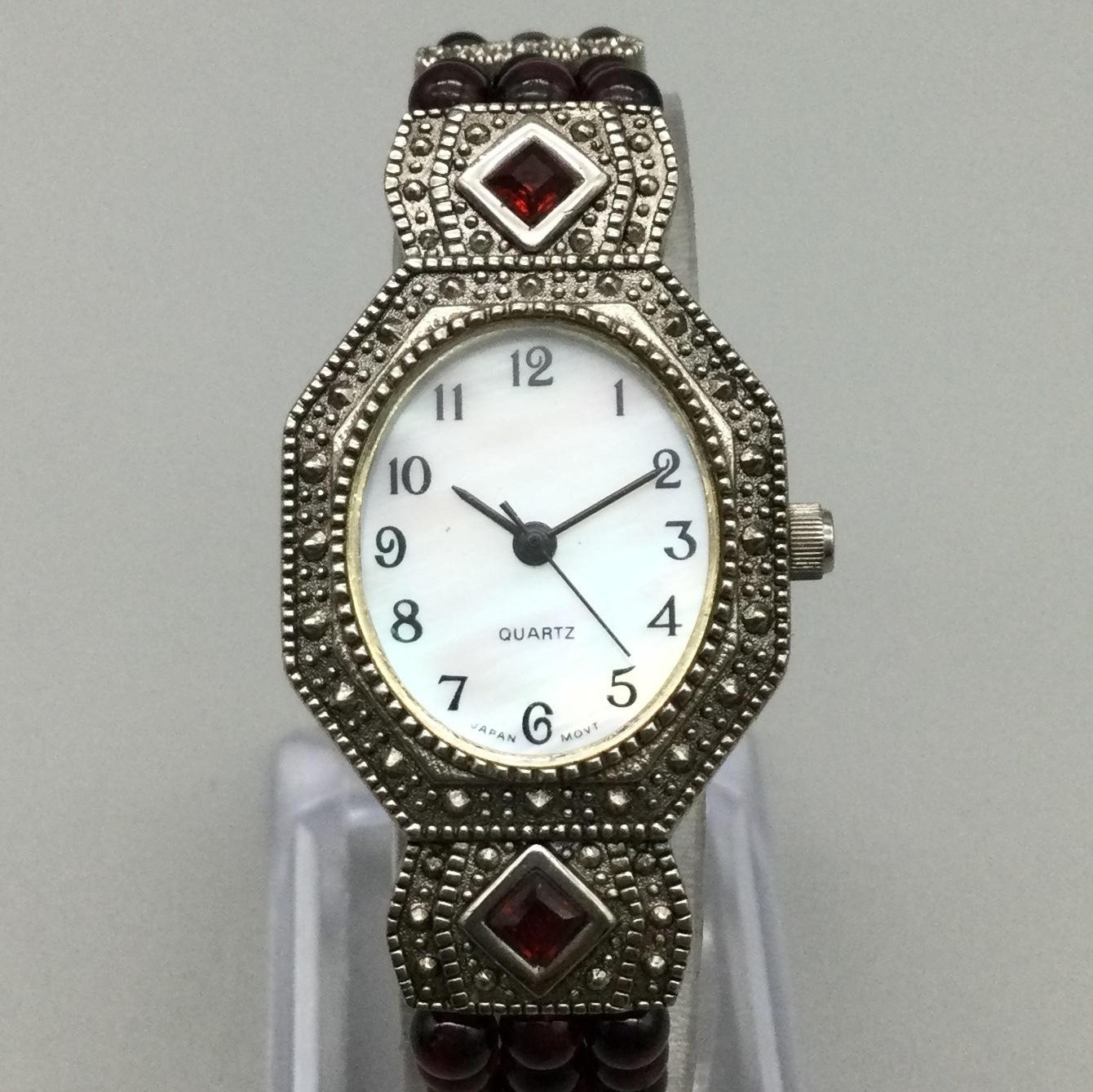 Avon Womens Watch 23mm Marcasite Red Bead Bracelet Silver Tone New Battery 6.5″