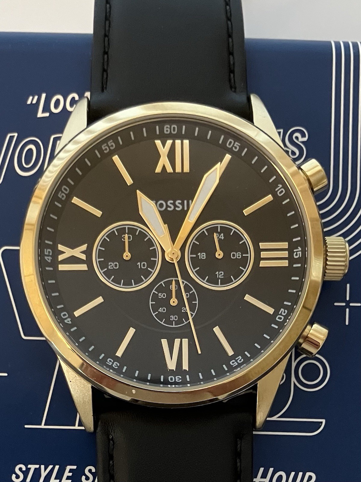 New Fossil Flynn Goldtone,Leather,Men’s Watch,Japan Chronograph Caliber, NWT+Box