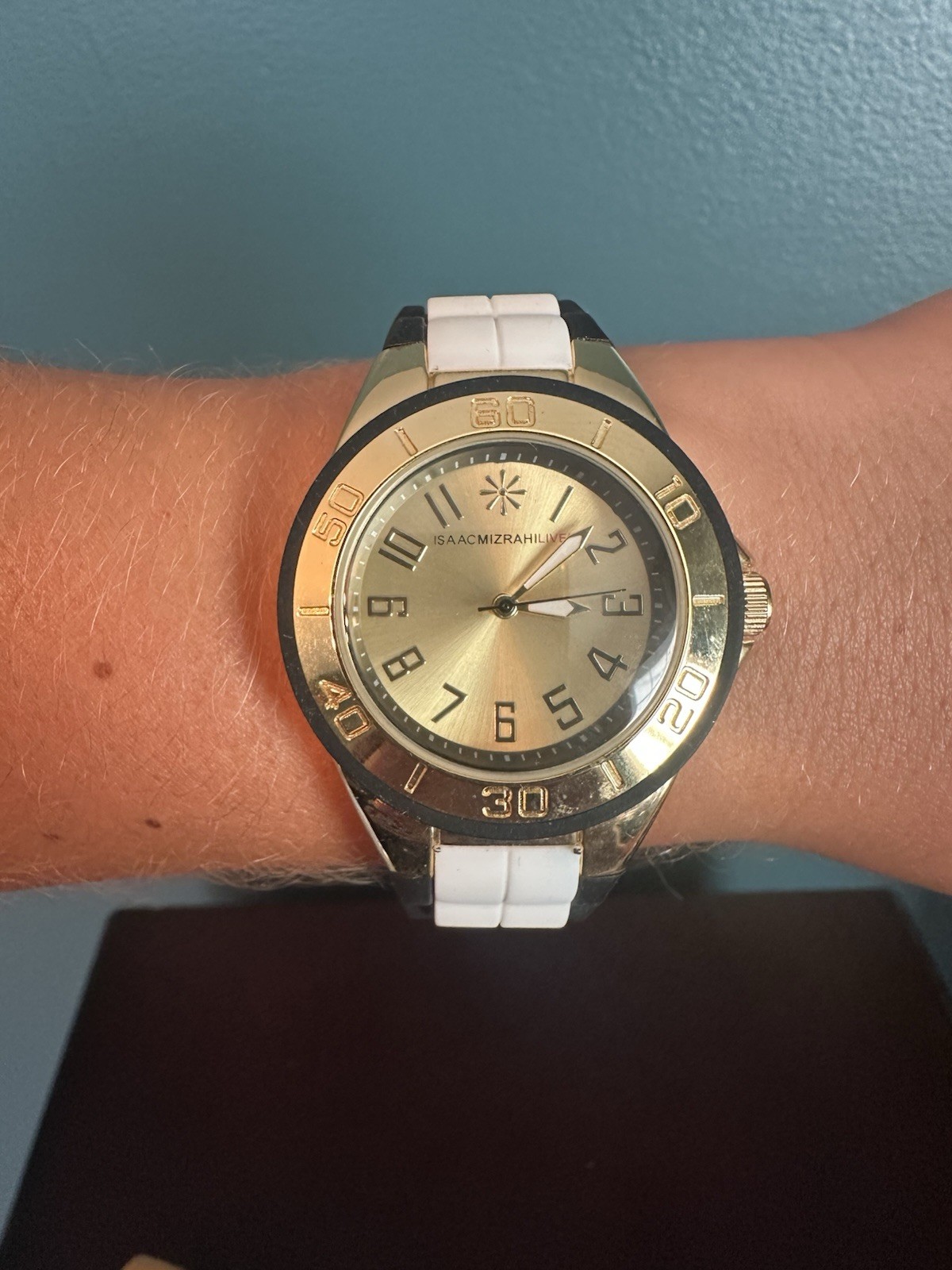 Isaac Mizrahi Live! Gold Tone Quartz Analog Watch White/Black Rubber Strap