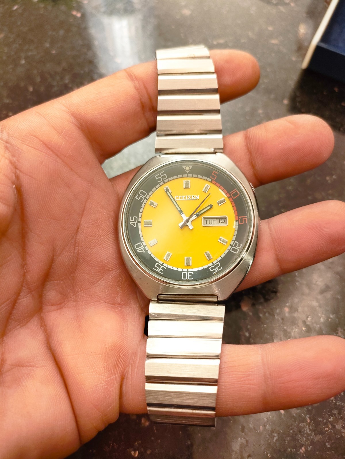 1978 Vintage Yellow Dial Automatic Citizen Bullhead Challenge Timer Day& Date