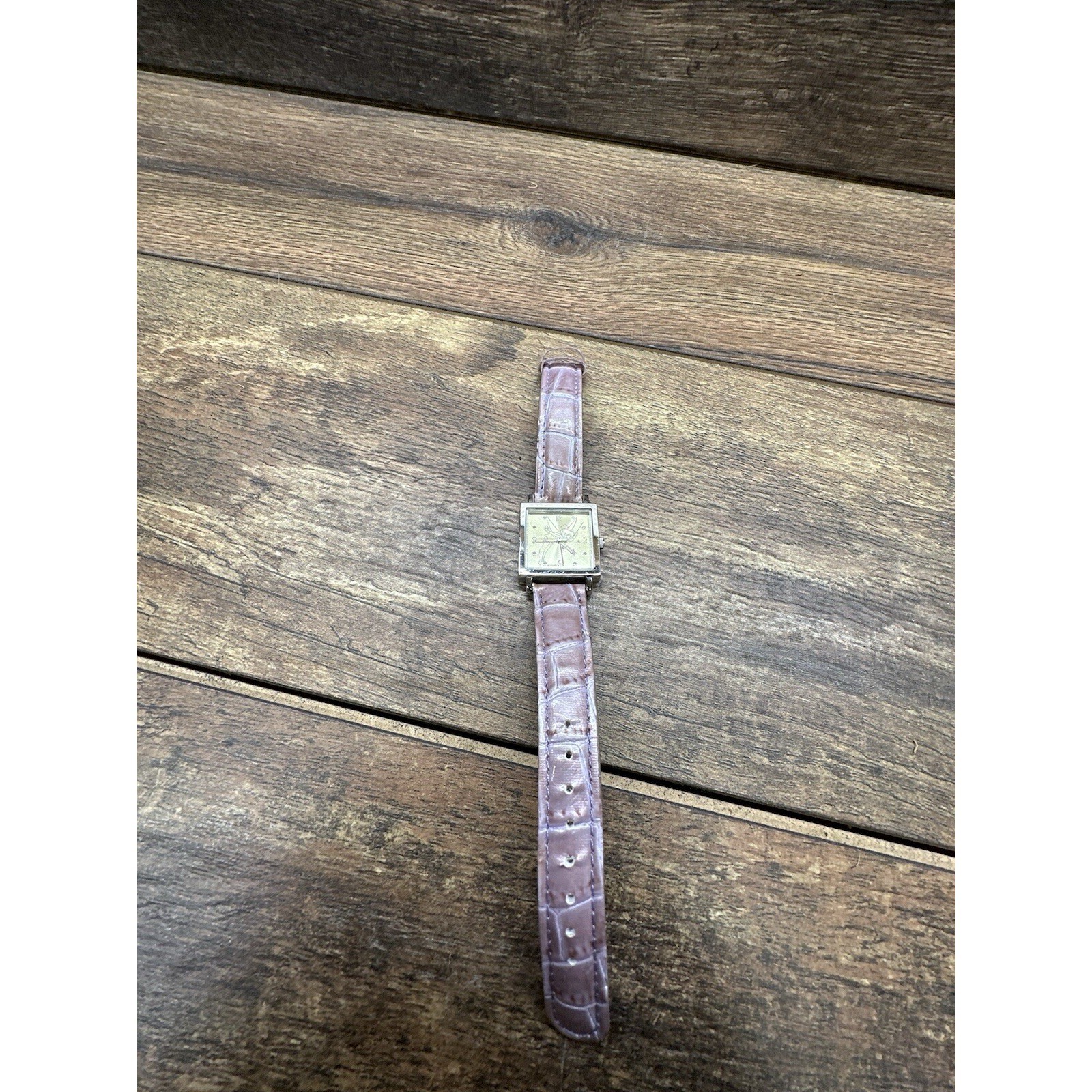 Disney Tinkerbell Watch Square Silver Tone Lavender Croc Strap Tinker Bell As Is