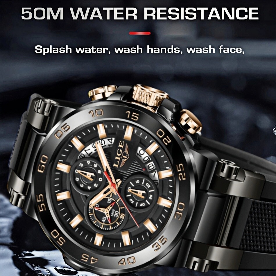 LIGE Men Watch Quartz Chronograph Date 50M Waterproof Sport Diver Man Wristwatch