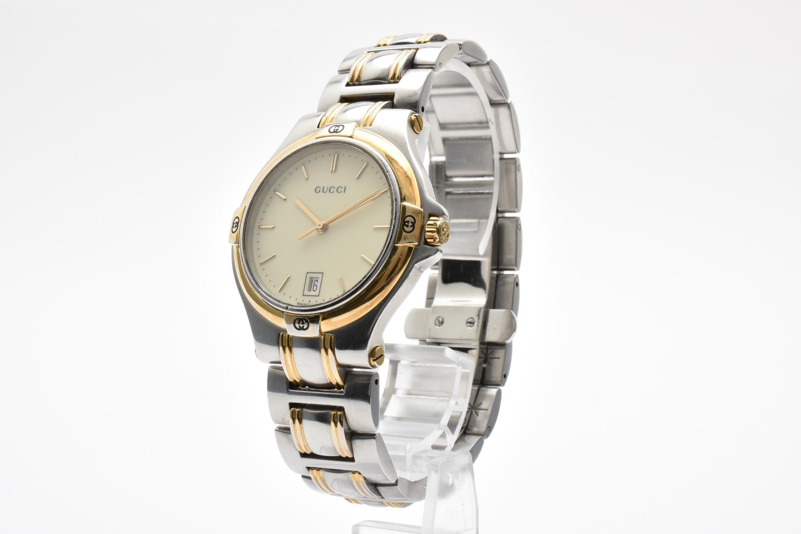 [Exc+5] GUCCI 9040M Quartz Ivory Dial Date Two-Tone Stainless Men’s Watch 18cm