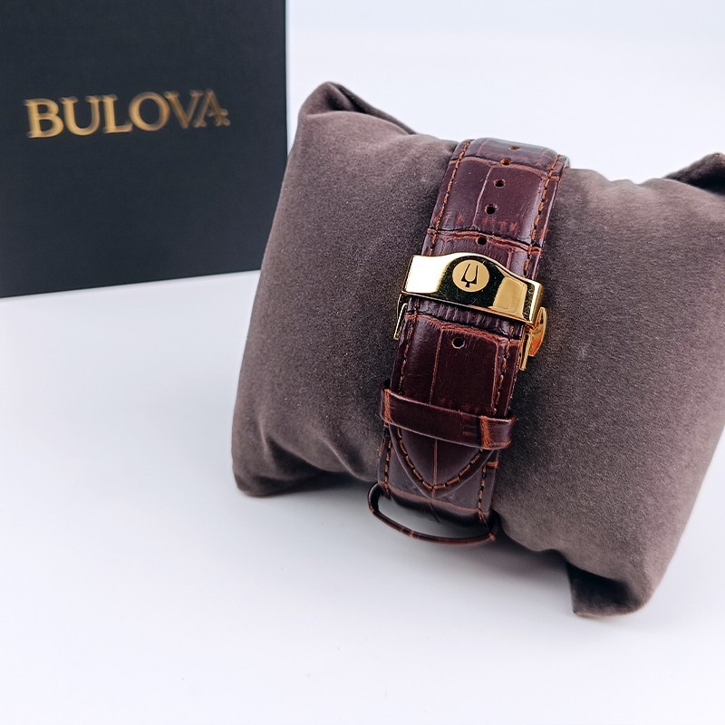 Bulova Men Wilton White White Dial Brown Leather 97B169 Chronograph Watch 46.5mm