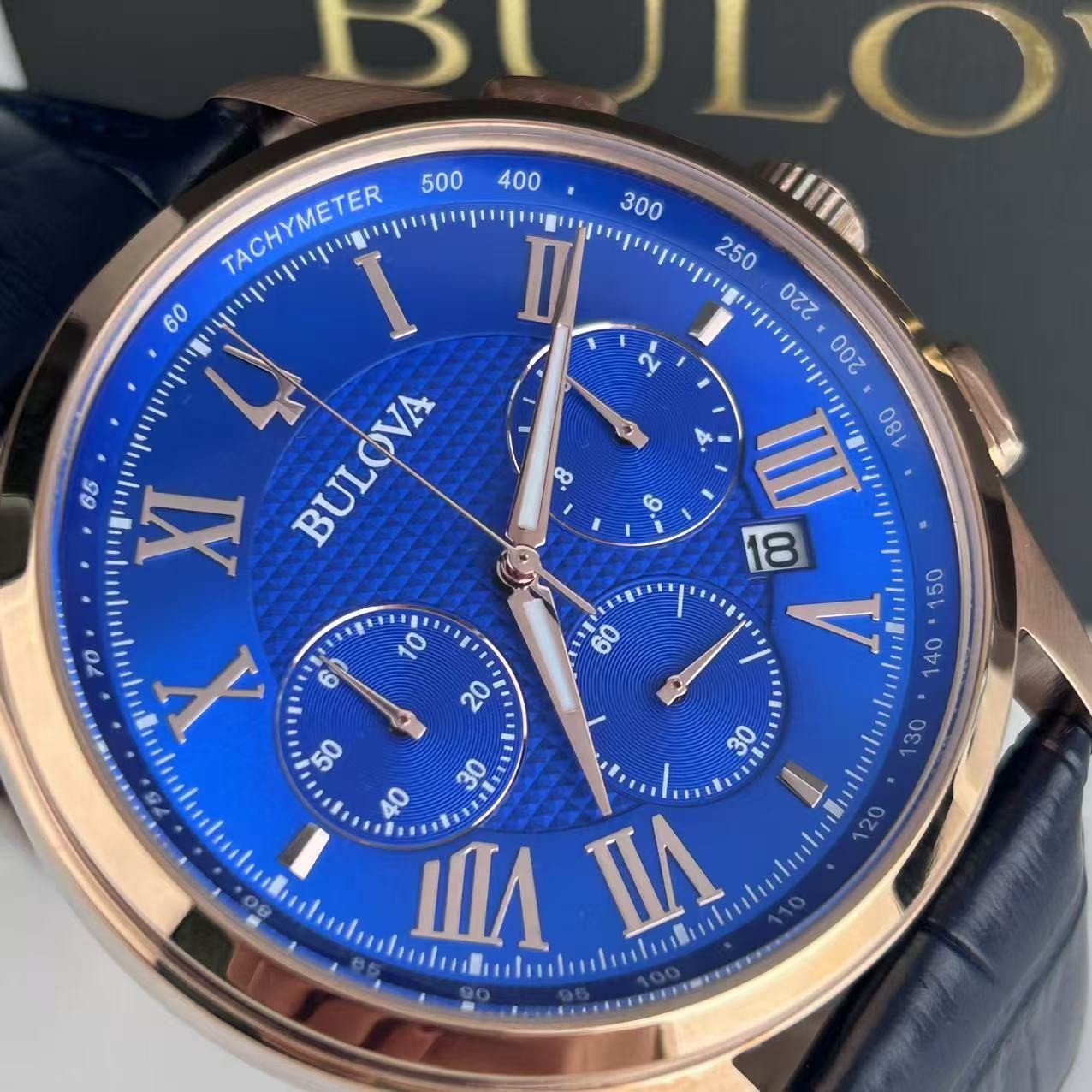 Bulova Wilton Classic 97B170 Blue Dial Leather Strap Men’s Quartz Watch 46.5 mm