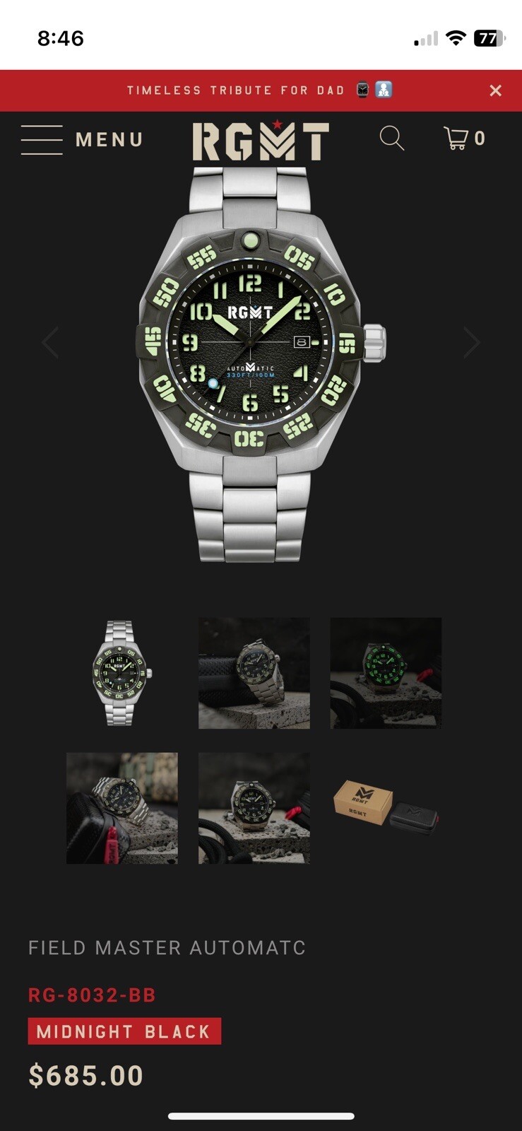 RGMT Field Master Men’s Automatic Watch Midnight Black RG-8032 BB New!