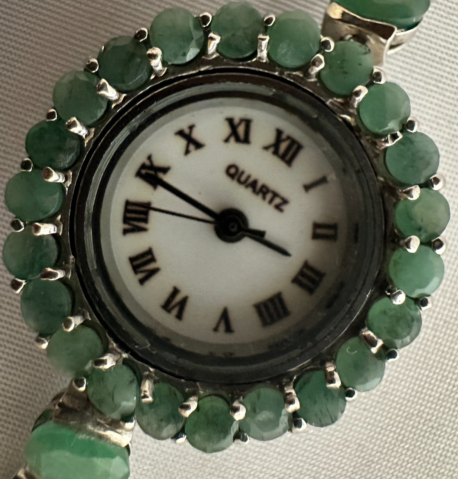 Natural Green Emerald Quartz Wristwatch Tennis Bracelet, 925 SS Bracelet – Bezel