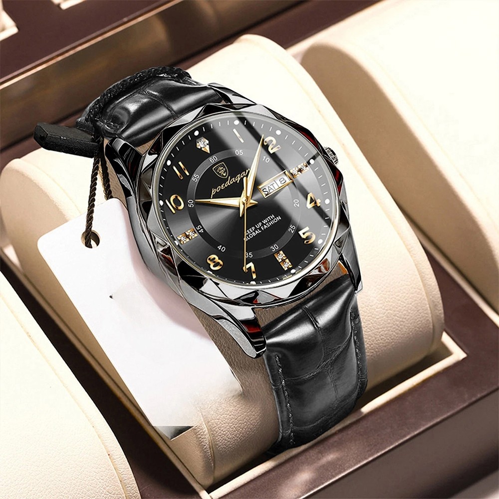 Mens Calendar Watch Quartz Wristwatch Man Leather Watches Waterproof Luminous