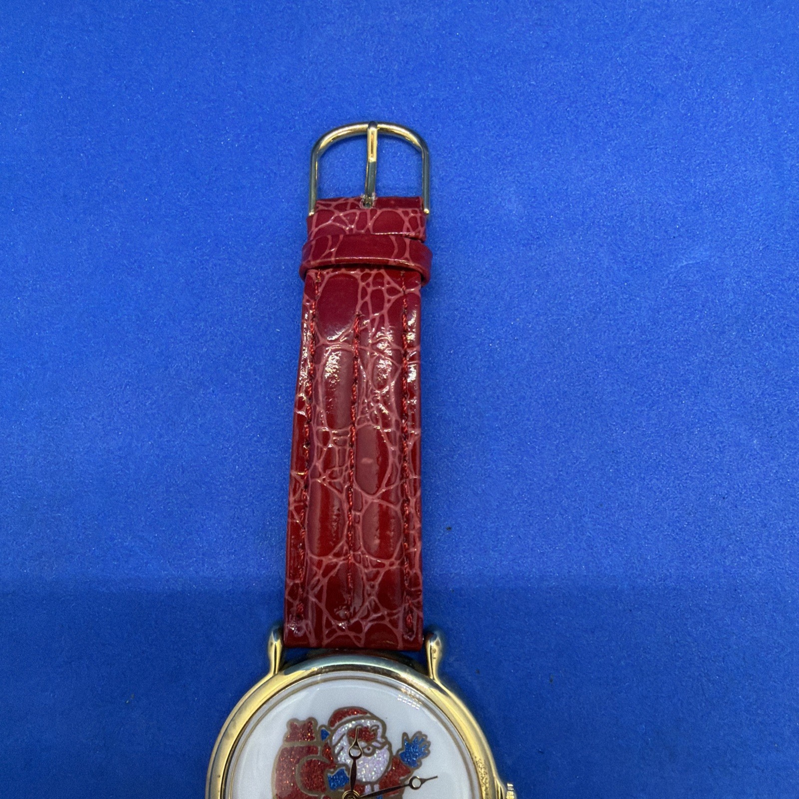 Vintage Christmas Santa Glitter Dial Gold Tone Watch With Red Leather Band
