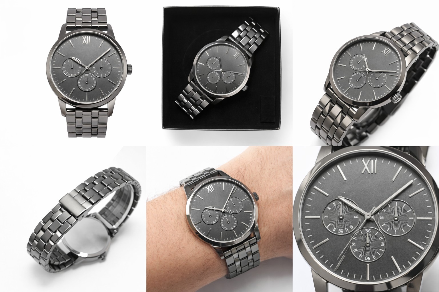 Metal Wristwatch Analog Gray Bullseye Dial Roman Baton Indexes Bracelet Box