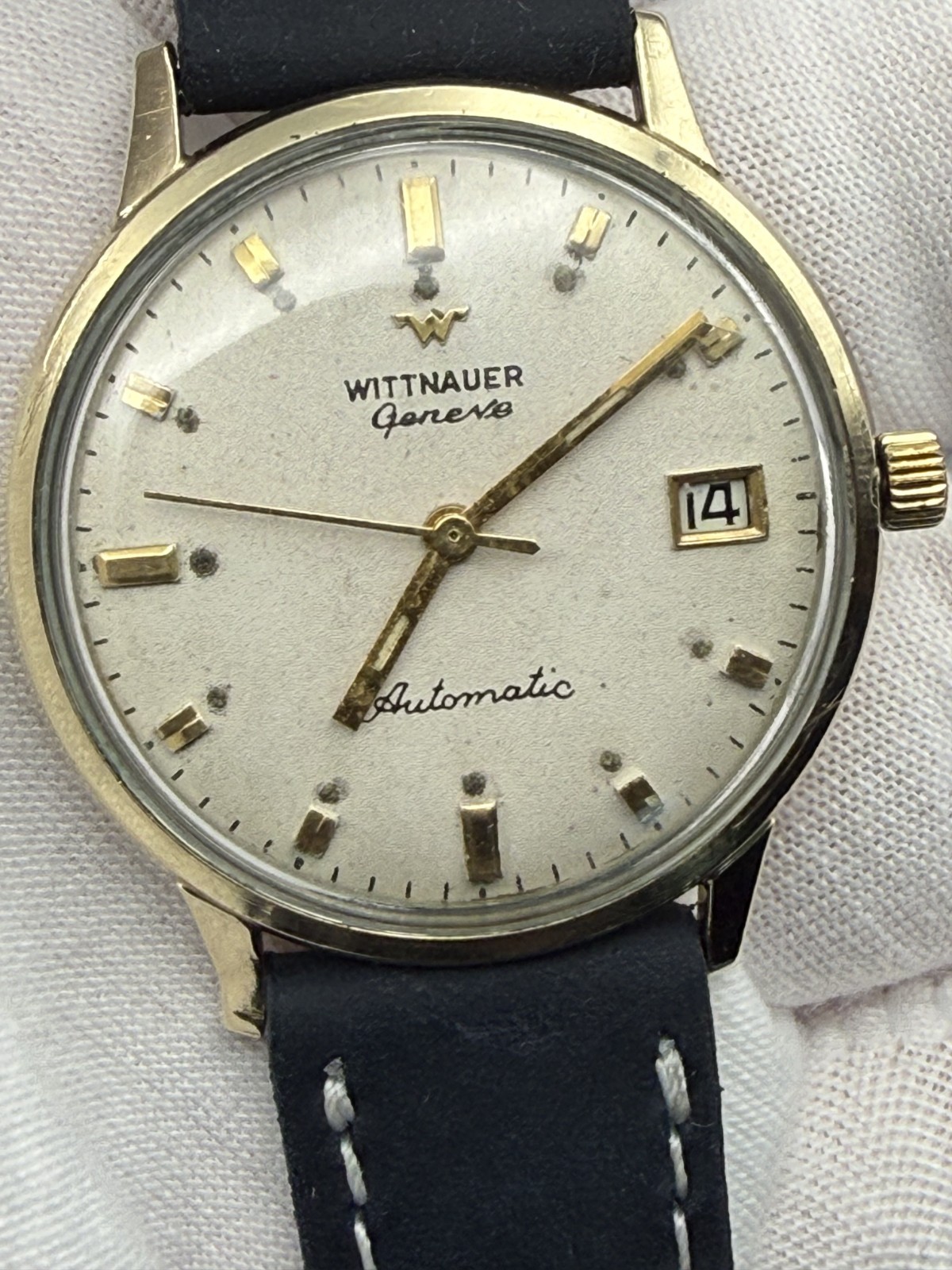 Wittnauer Geneve Automatic Swiss 10K RGP Gold Tone Watch Cream Dial Date 34.5mm