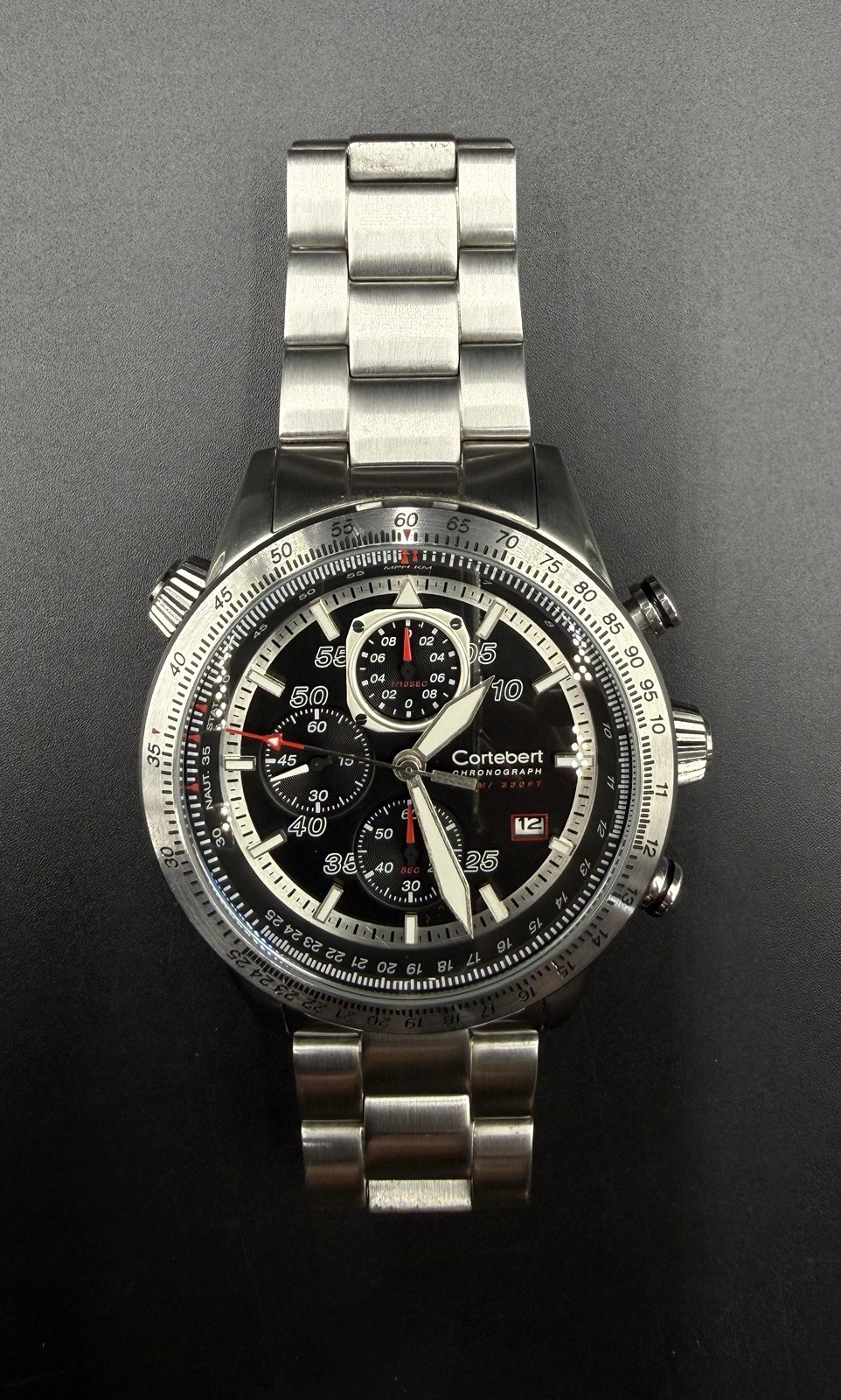 Cortebert Elevation Men’s 44MM Pilot Chronograph Date Watch CB-3003 Slide Rule
