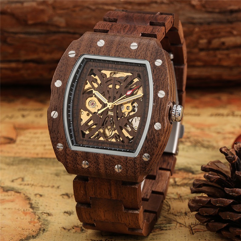 Men’s Wood Automatic Watch Full Wooden Bracelet Wristwatch Folding Clasp Gifts