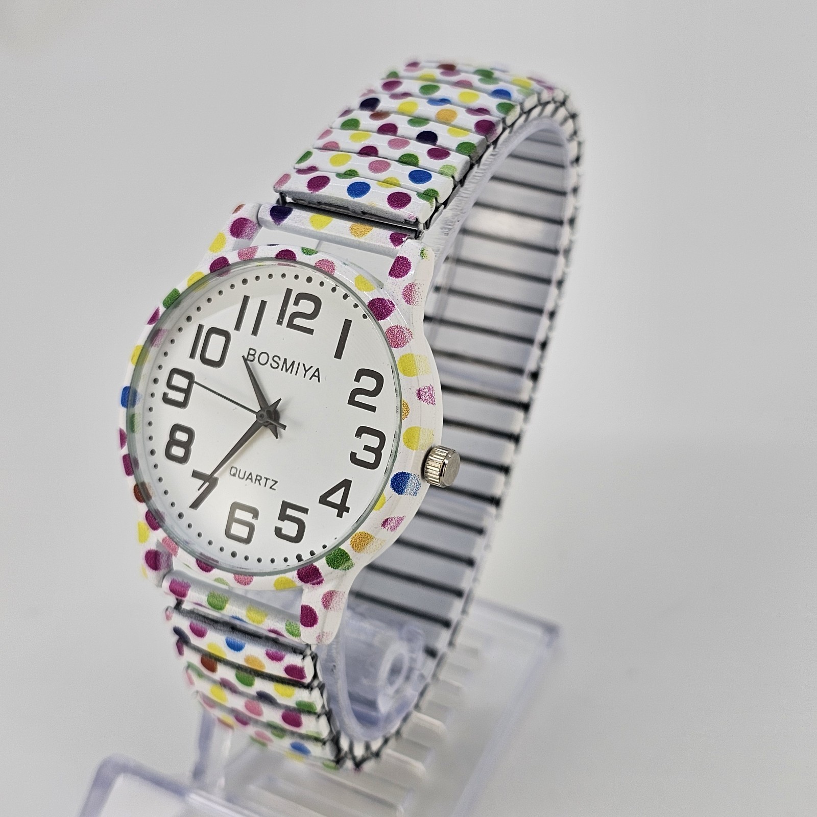 36MM Women’s Watch White Dial Polka Multicolor Strech Band 6.5″ New Battery
