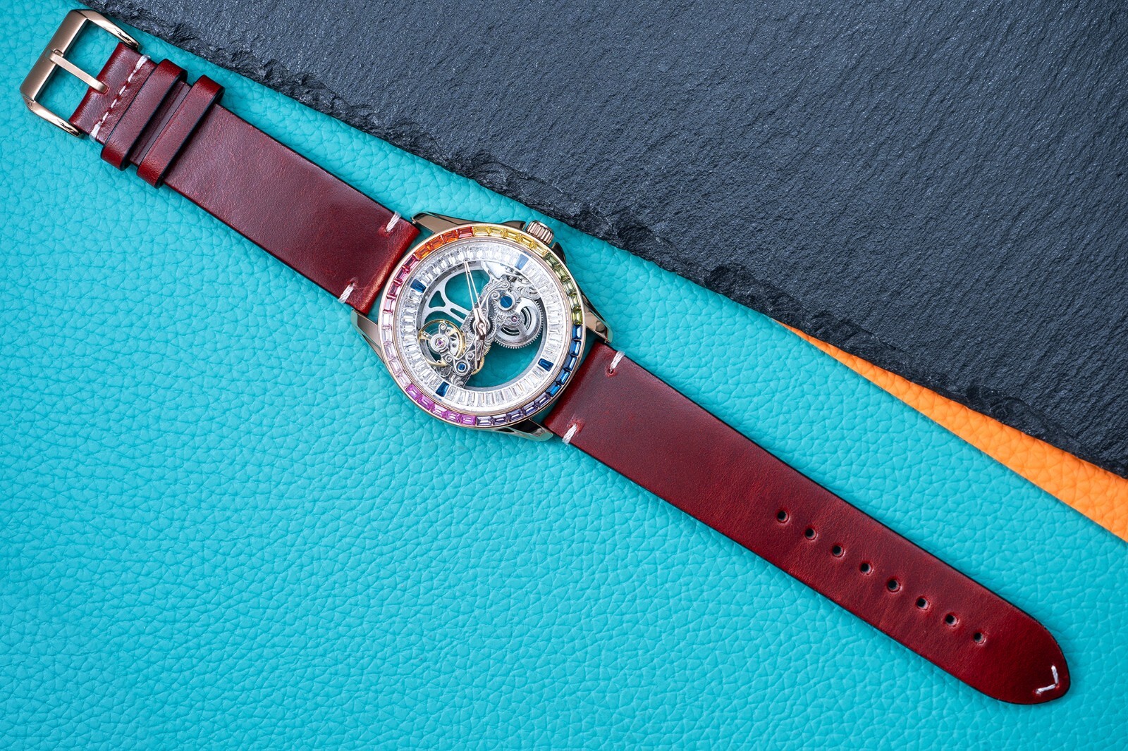 Mens Rose Gold Automatic Mechanical Watch Rainbow Cubic Oil Waxed Dark Red