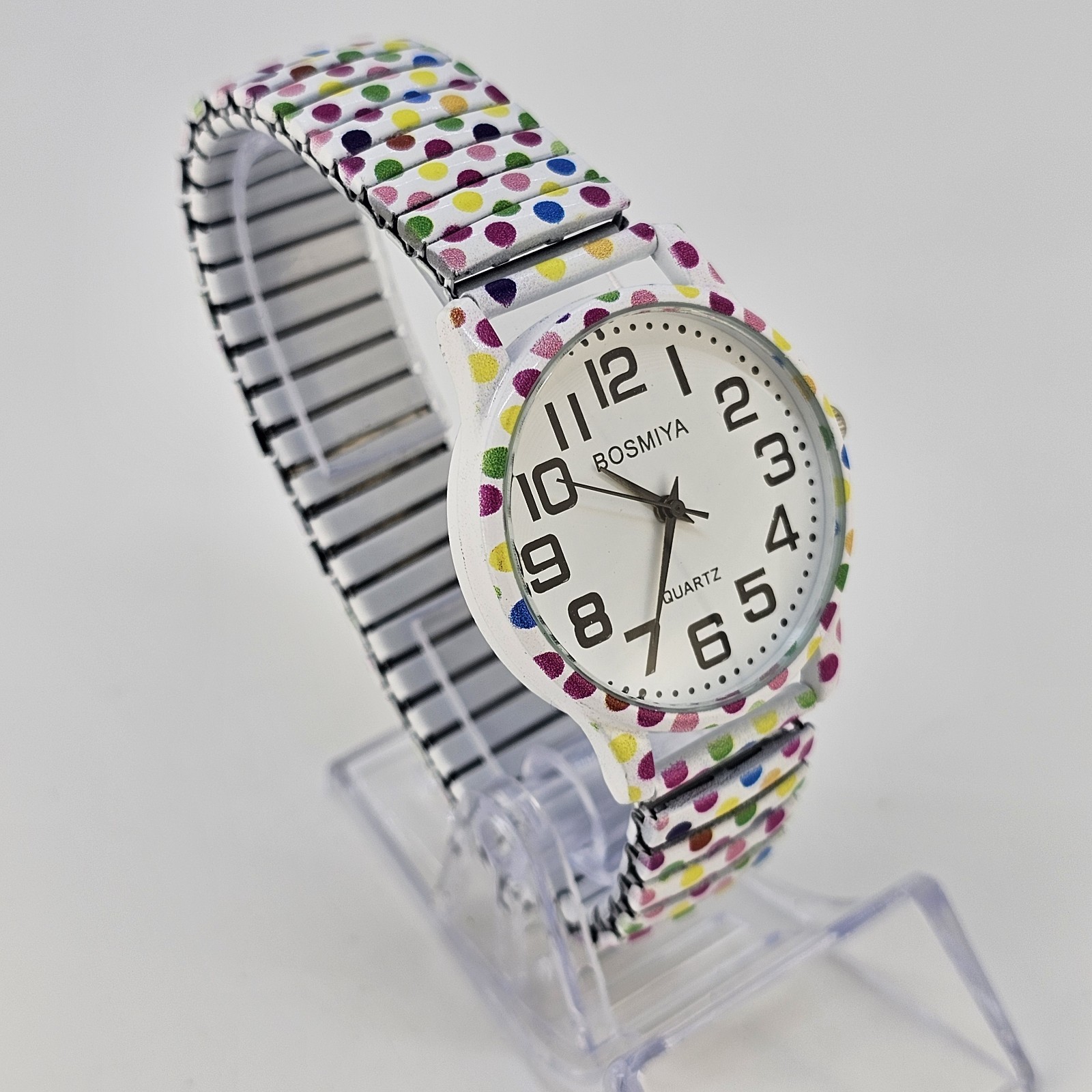 36MM Women’s Watch White Dial Polka Multicolor Strech Band 6.5″ New Battery