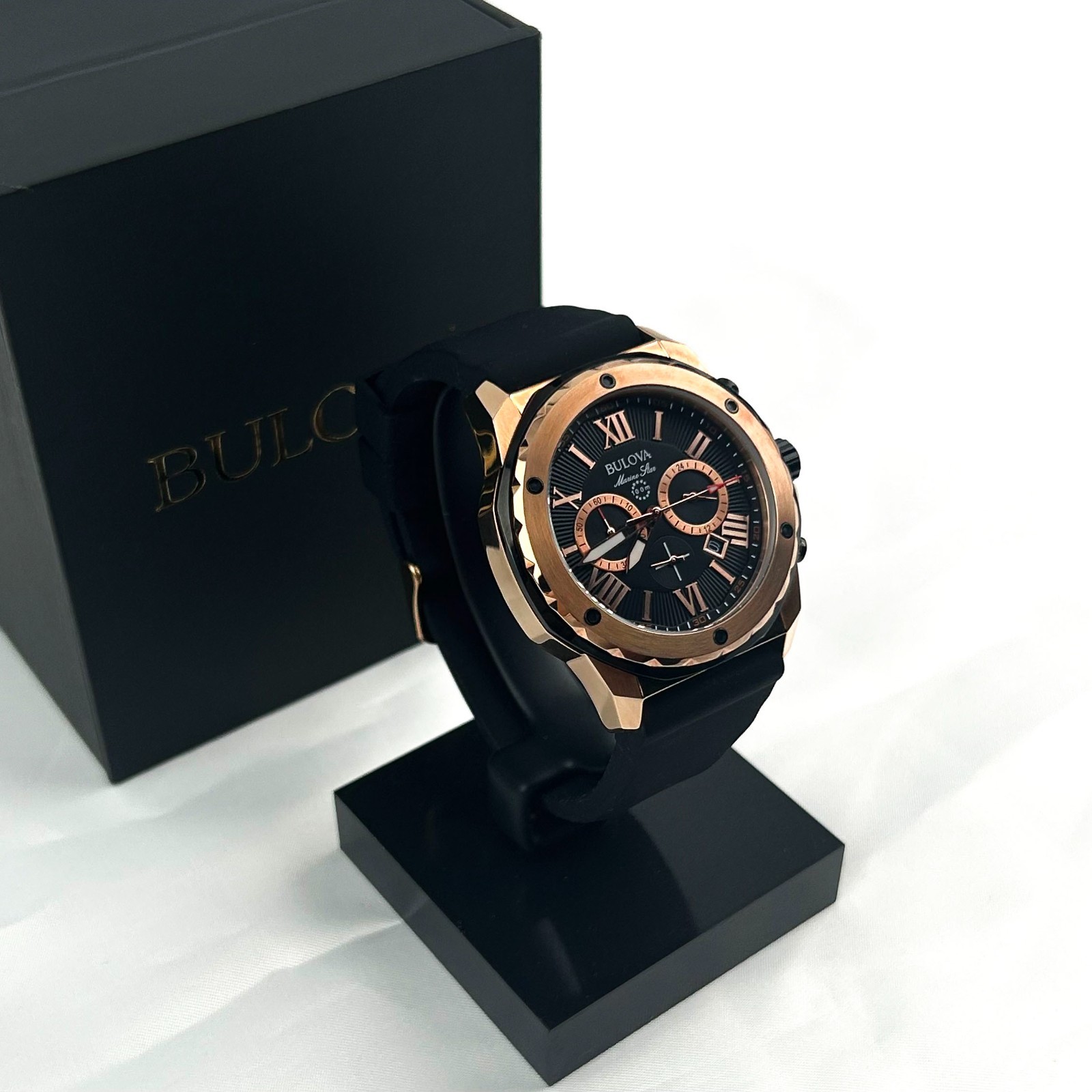New w/box/Bulova Men’s Marine Star 98B104 Black Dial Silicone Strap Quartz Watch