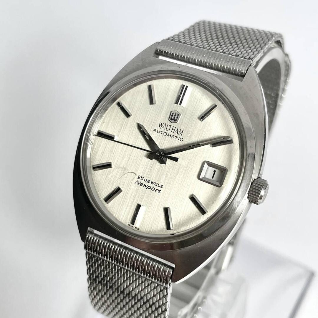 Waltham Newport Automatic 25 Jewels Vintage Silver Linen Dial Mens Watch 35mm