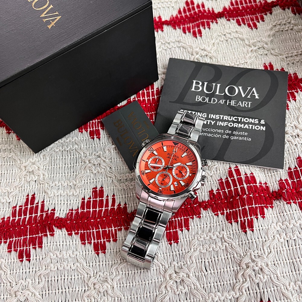 New Classic Bulova Marine Star 96B395 Orange Dial 43mm Chrono Quartz Men’s Watch