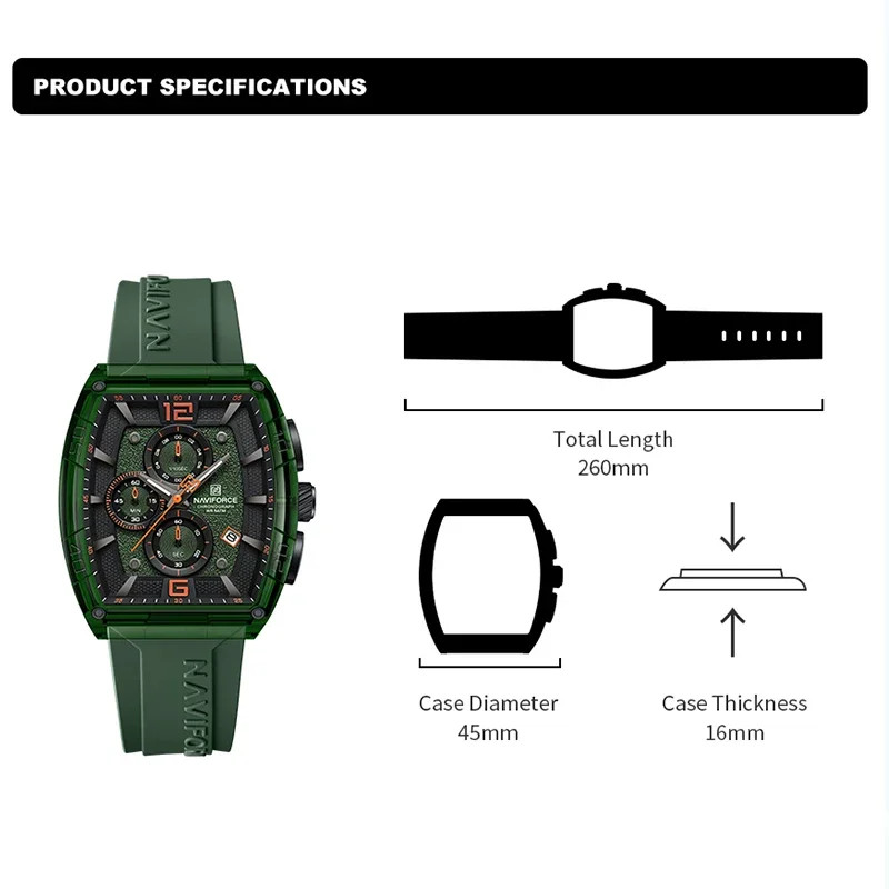 NAVIFORCE Men’s Quartz Watch 50M Waterproof Luminous Date Silicone Strap 45mm