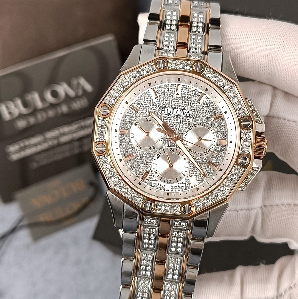 Men’s Bulova Octava 98C133 Crystal Silver Pave Dial Two Tone Steel Strap Watch