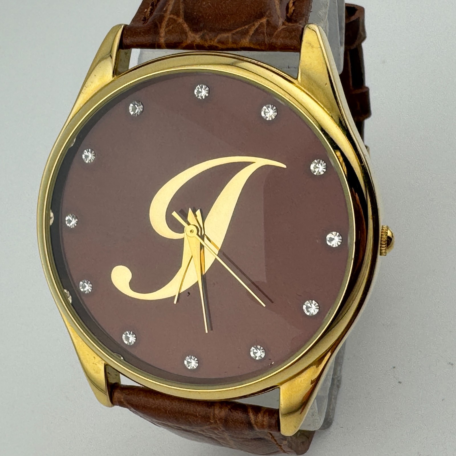 Unknown Logo Quartz Watch Men Gold Tone Brown Leather Japan Analog New Battery
