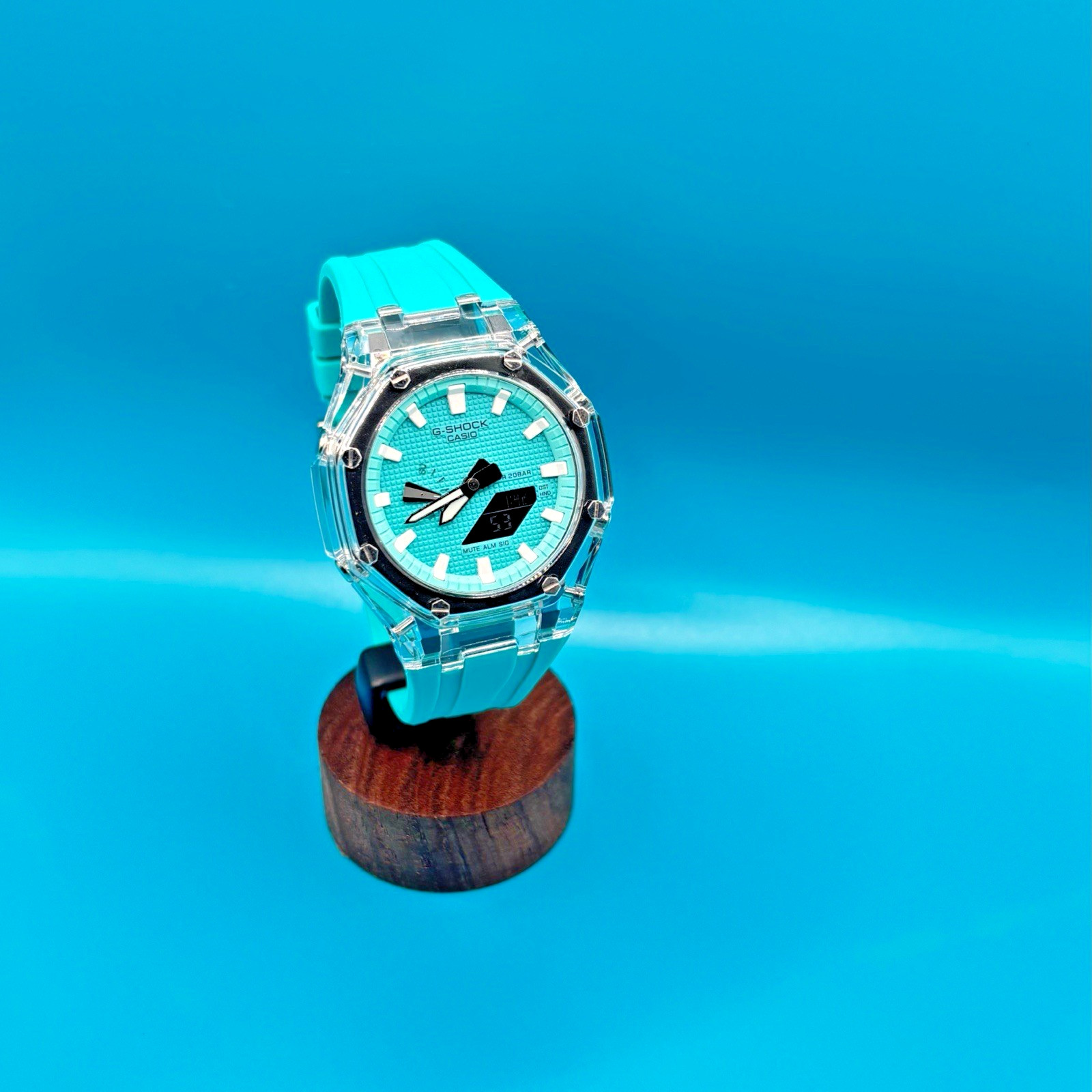 Casio G shock Custom 2100 Octagonal Watch Clear Case Turquoise SKY Blue Dial