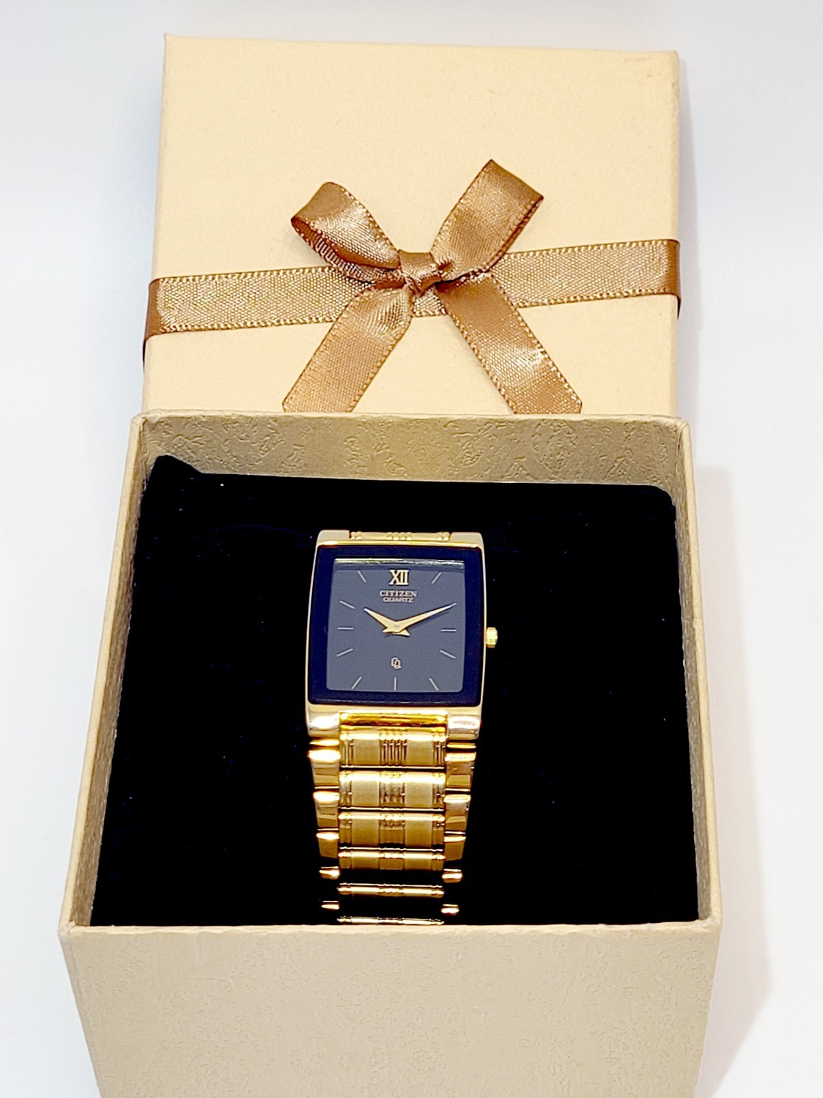 [N. MINT] 1987 Citizen Tank Quartz Men’s Watch Black Gold Tone New Battery 7.7″