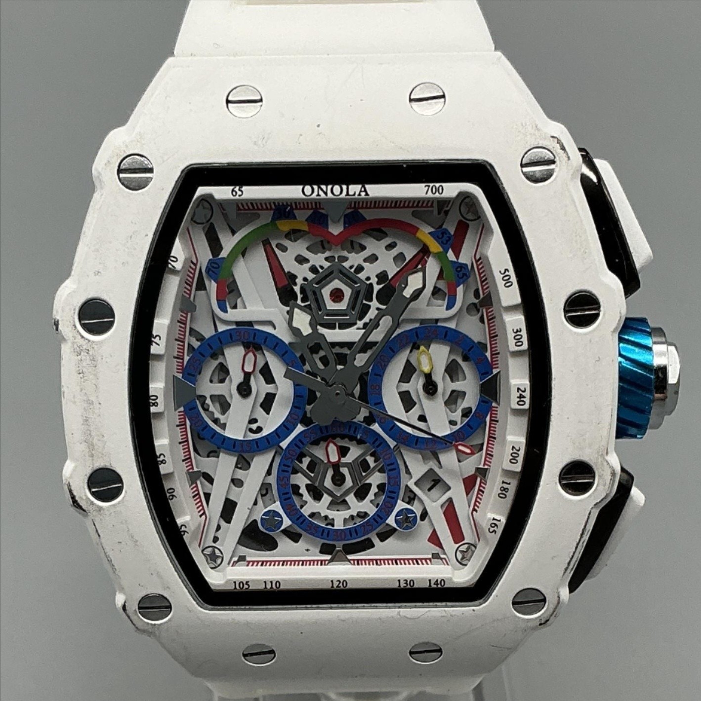 ONOLA Skeleton Mens Watch 44mm White Multicolor Tonneau Silicone New Battery
