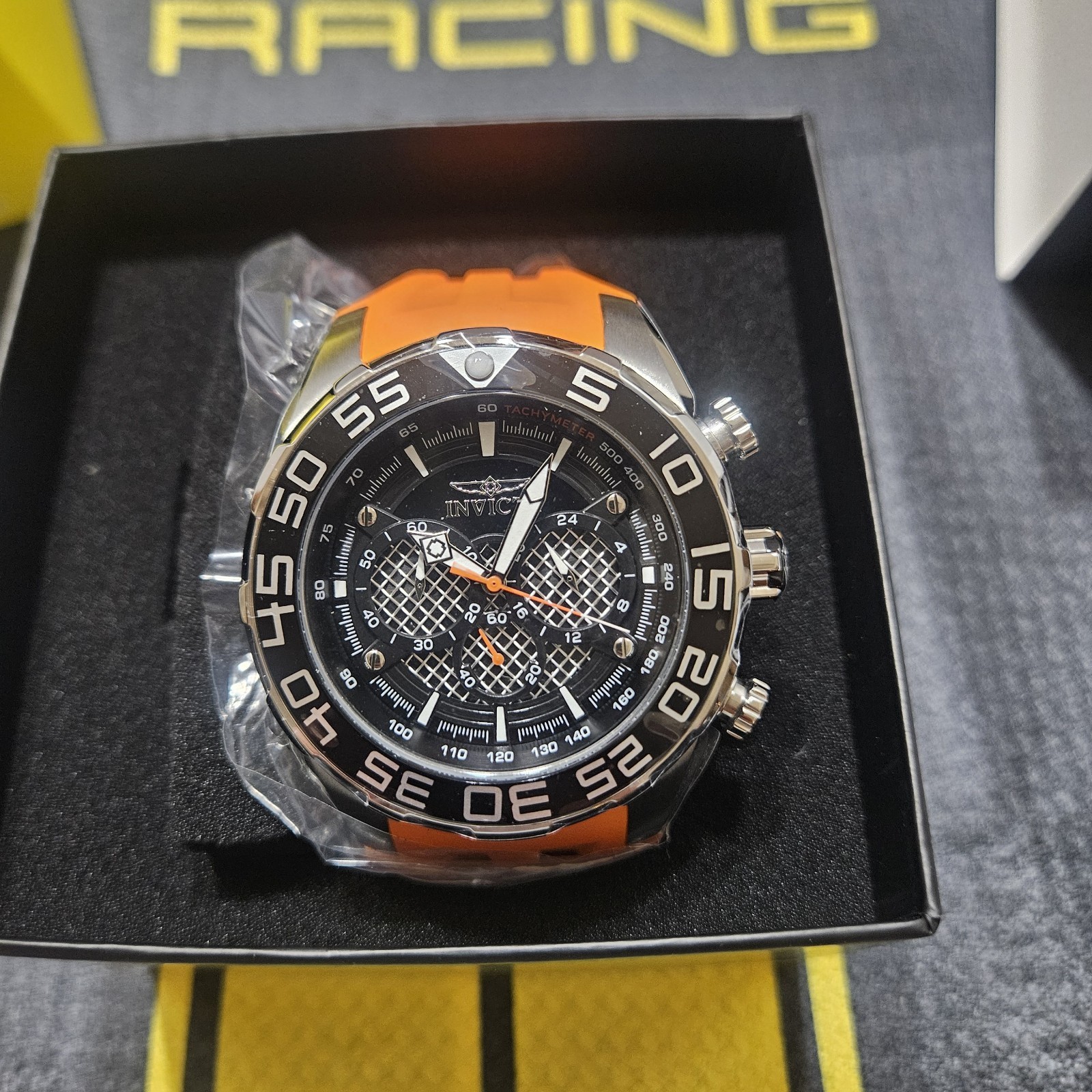 Invicta Mens Speedway Chronograph 50mm Black Dial Orange Strap Quartz Watch