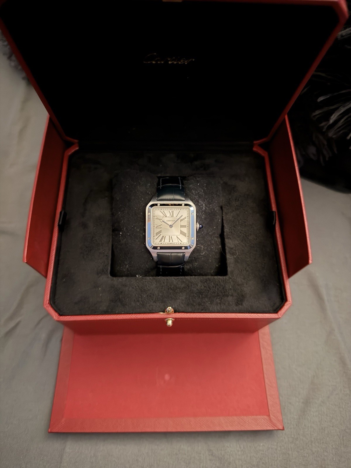 Cartier Santos Quartz Silver Dial Black Leather Strap w/ Box